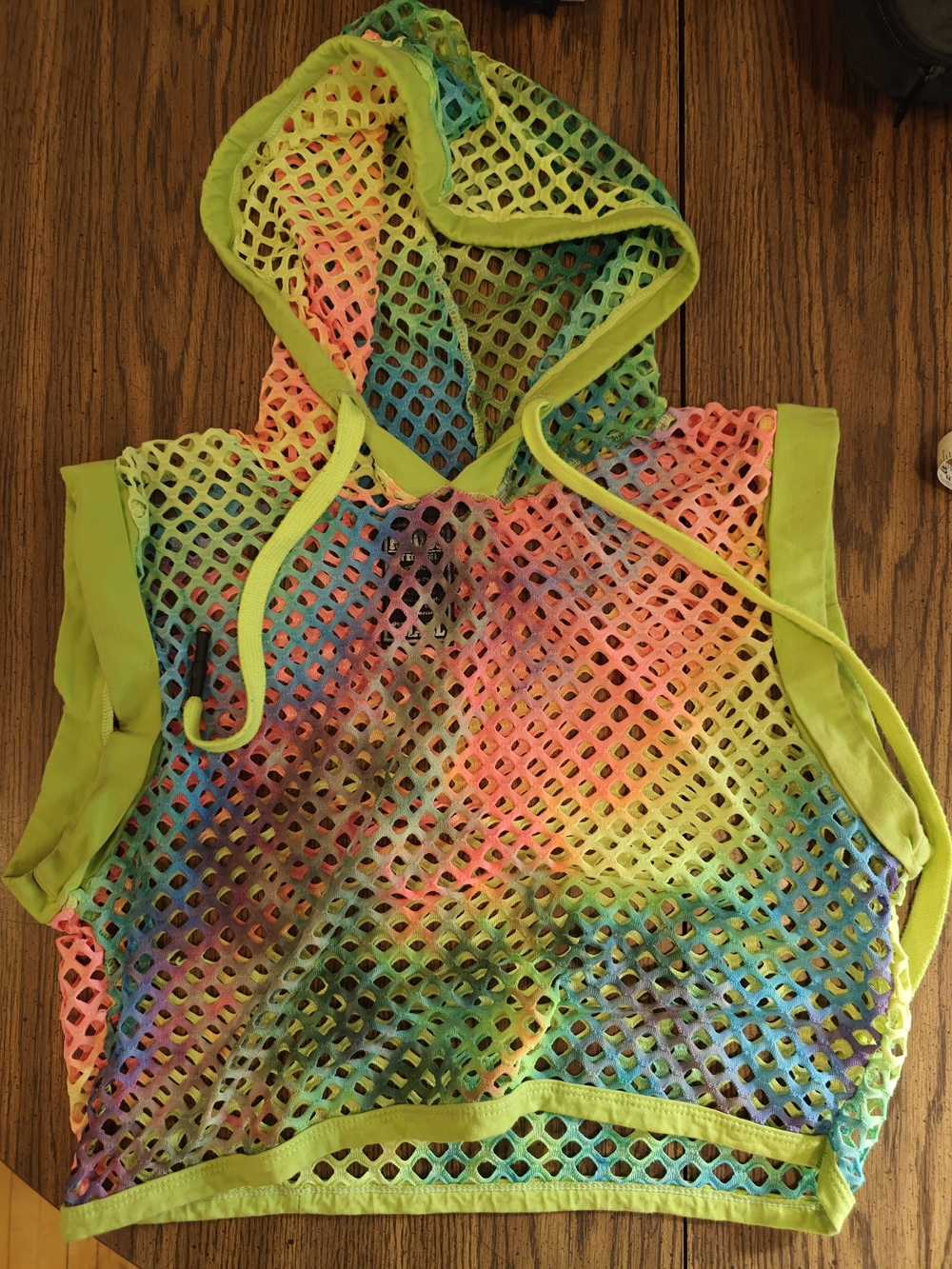 Queer Rave Neon Rainbow Mesh Hoodie One-Piece Small Crop
